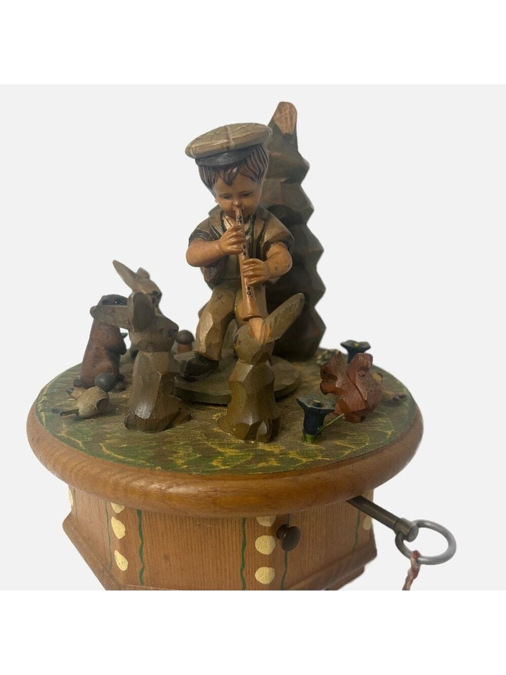 VTG ANRI Thorens Swiss Handcarved Wooden Working Music Box Boy Horn Animals